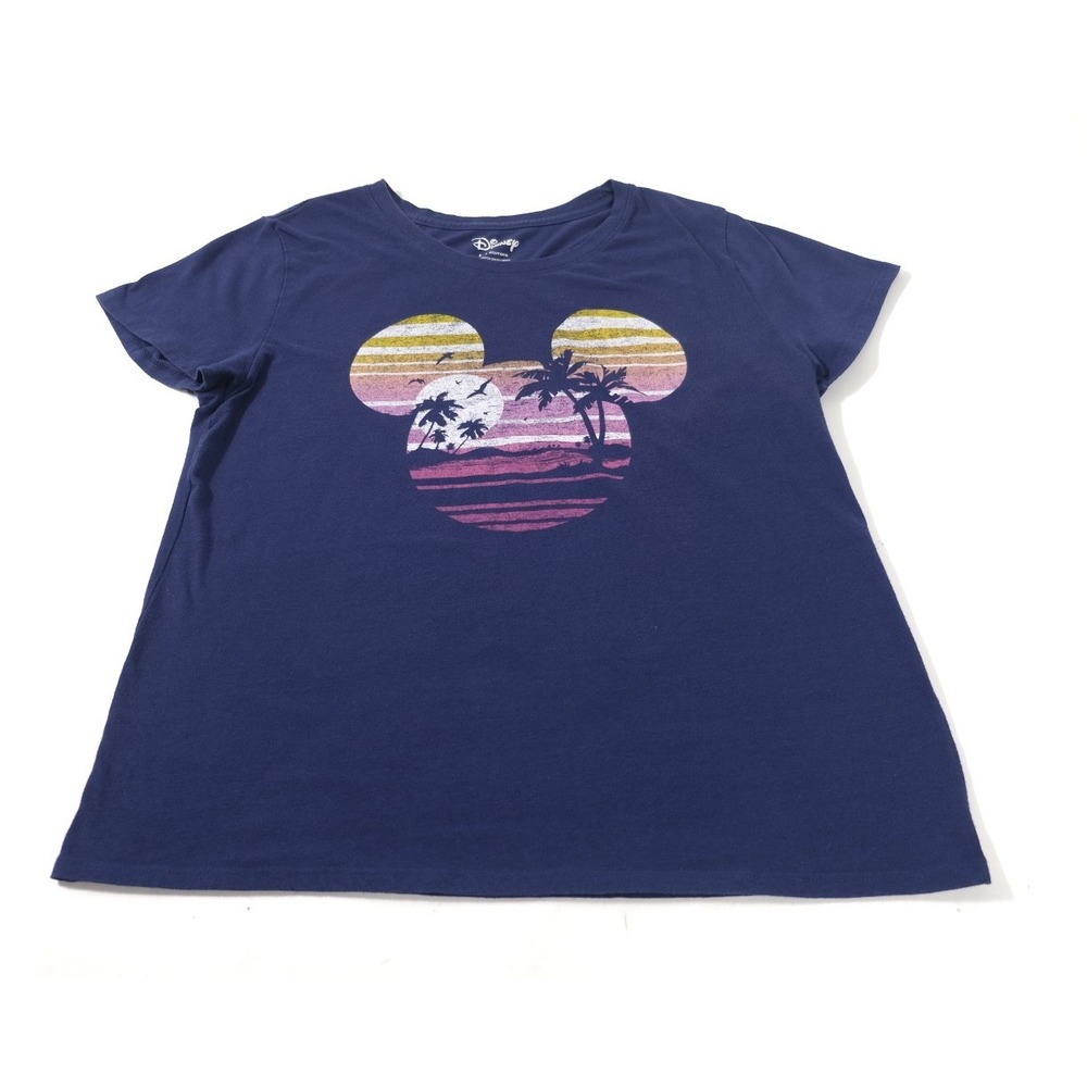 Disney T-Shirt Womens L Navy Mickey Mouse Sunset Tropical Graphic Short Sleeve